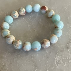 Handcrafted Beaded Bracelet Blue Beige Brown Stone Round Stretch Unisex