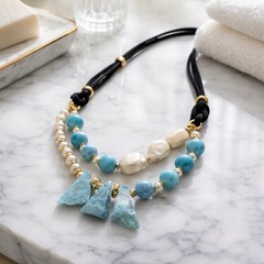 Necklace Freeform Larimar Stones Baroque Pearls Layers Adjustable Cord Handmade