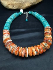Spiny Oyster & Turquoise Graduated Sterling Silver Necklace 17″ 03004