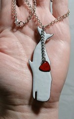 White Enameled Copper Whale Pendant Necklace 18” Silver Tone Chain Red Heart