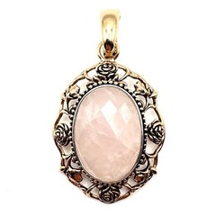 Barse Floral Rose Quartz Oval Pendant | Copper Over Sterling Silver