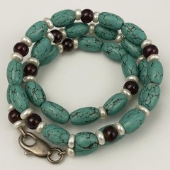Handmade Turquoise Necklace W Pearl Ruby Red Accents 925 Sterling Silver Clasp