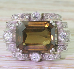 Perfect Emerald Cut 8.30 Carat Greenish Brown Sapphire & White CZ Vintage Ring