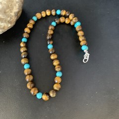 Navajo Blue Turquoise Brown Tigers Eye Sterling Silver Necklace 20″ 13895
