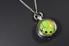 Green Birdwing Pocket Watch Pendant Necklace Butterfly Wing Jewelry Silver