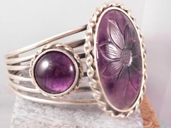Handmade Carved Floral Amethyst Three-stone 8″ Cuff Bracelet Sterling Silver