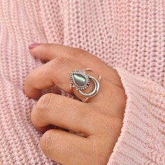 Genuine Labradorite Ring 925 Sterling Silver Crescent Moon Boho Statement Gift