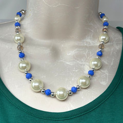 Handmade Beaded Necklace Blue and Pink Glass Beads and Big White Faux Pearls