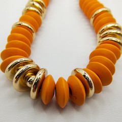 Boho Wood Disc Bead Statement Necklace Set of 2 Orange Turquoise Color Gold Tone