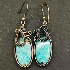 Natural Amazonite Gemstone Copper Wire Wrapped Handcrafted Earrings 45x18mm