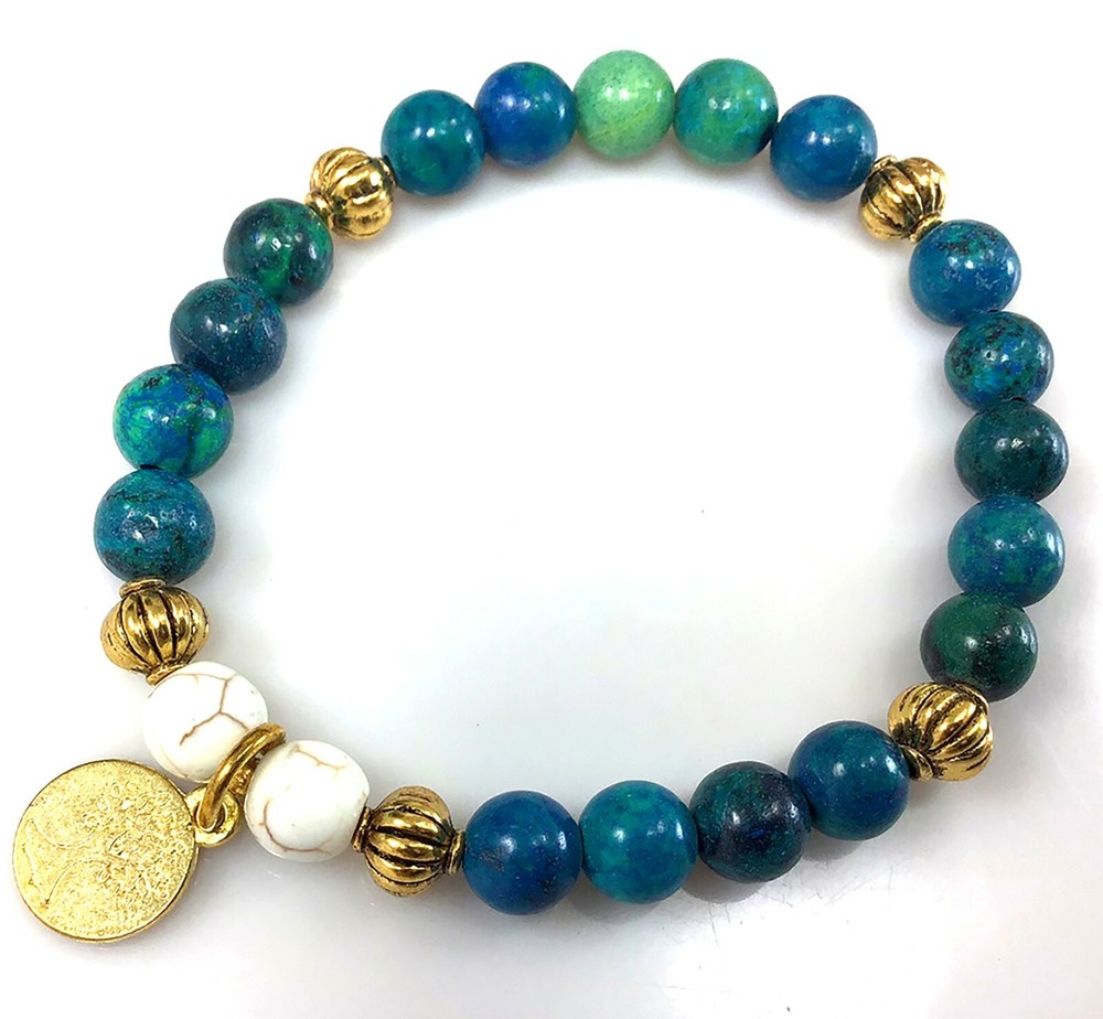 Blue Chrysocolla bracelet with gold tree of life charm healing gift for women