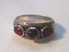 Sterling Designer Handcrafted Gypsy Style Rhodolite Garnet Engraved Ring SZ 6 ¾