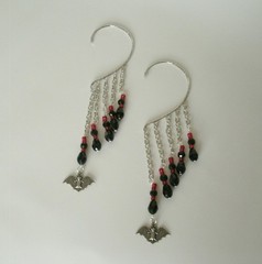 Gothic Bat Ear Cuff: Black Red Beads, Silver Plated Chain, Non-Piercing Earrings