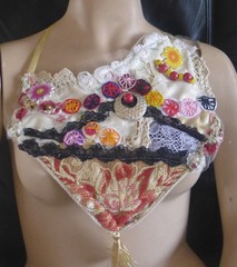 Handmade Art Fabric Statement Necklace Multi Colors beads Threads Lace Gold Pomp