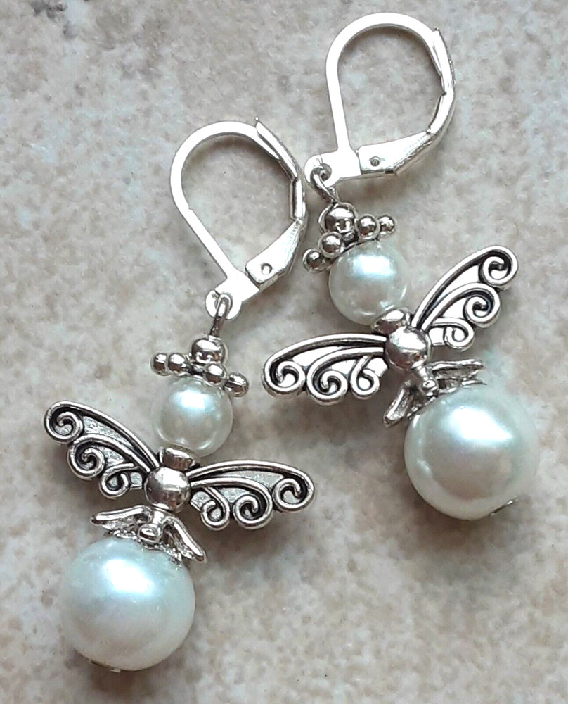 ANGEL WINGS White Glass Pearl SP LEVERBACK handcrafted WPGA10
