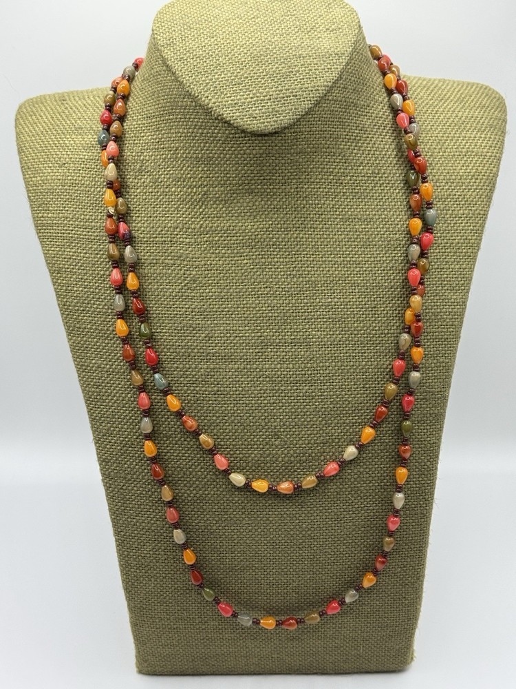 Vintage Orange Red Green Brown Beaded Hand Strung Necklace