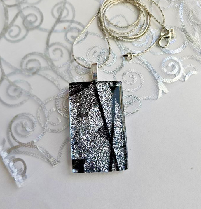Handcrafted Silver/Black Fused Dichroic Glass Necklace/Pendant/New