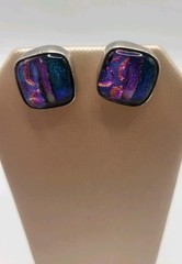 950 Fine Sterling Silver Square Dichroic Metallic Glass Pierced Stud Earrings