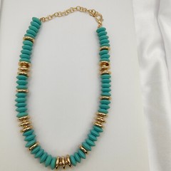 Boho Wood Disc Bead Statement Necklace Set of 2 Orange Turquoise Color Gold Tone