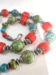 Moroccan EthnicNatural Red CORAL Bead & Turquoise Bead Necklace W Silver Spacers