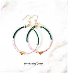 Dark Green & Pink Seed Bead Hoop Earrings, Gold Heart Earrings