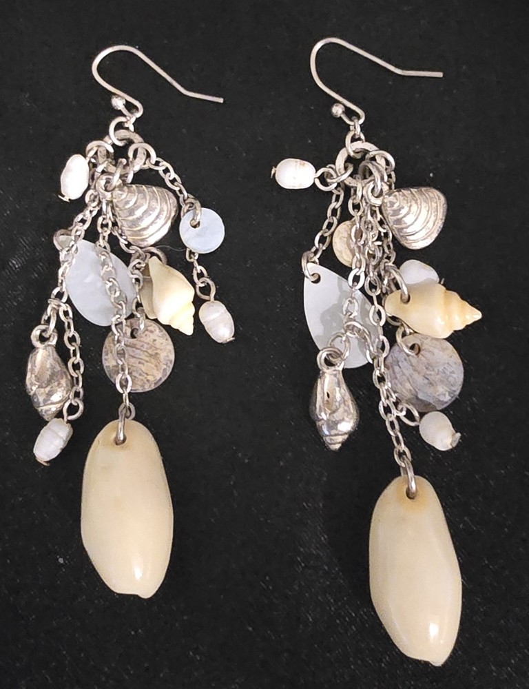 Silver Nautical Earrings w/Metal & Real Shells, Other Beads/Sequins 2.75″