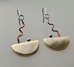 Artisan Hand Made Copper/Brass/Sterling Silver Abstract Dangle Hook Earrings