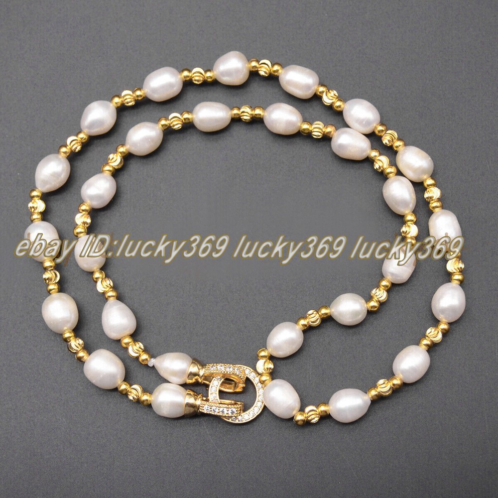10-12mm Natural White Freshwater Oval Rice Baroque Pearl 14K GP Necklace 14-36″