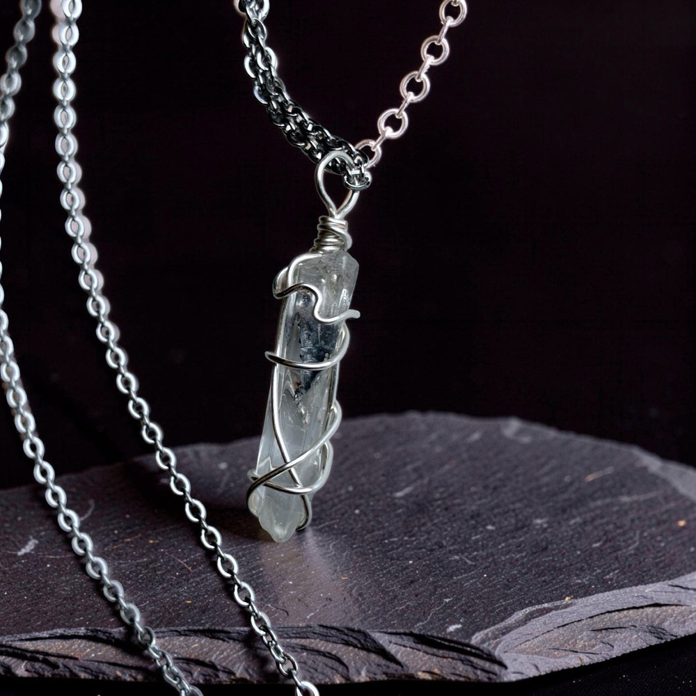 Wire Wrapped Clear Quartz Point Pendant Necklace Natural Inclusion Artisan 20″