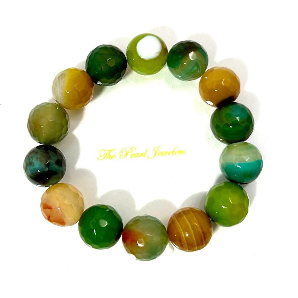 12mm Faceted Green Lace Agate Beads Stretchy Bracelet