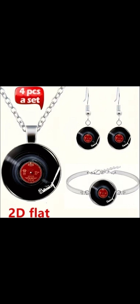 Jewelry Set Vinyl Record Picture Glass Alloy Necklace Stud Earrings Bracelet New