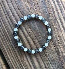 Glass Cat’s Eye Charcoal Gray & Selenite White Stretch Bracelet w/ 8 & 6mm Beads