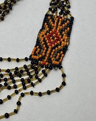 Artisan Tribal Style Orange Black Gold Woven Bead Drape Necklace 30 in
