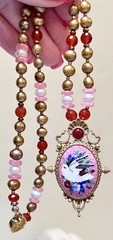 LOVELY Gold-Fill Rhodochrosite, Carnelian, Pearl Victorian Dove, Floral Necklace