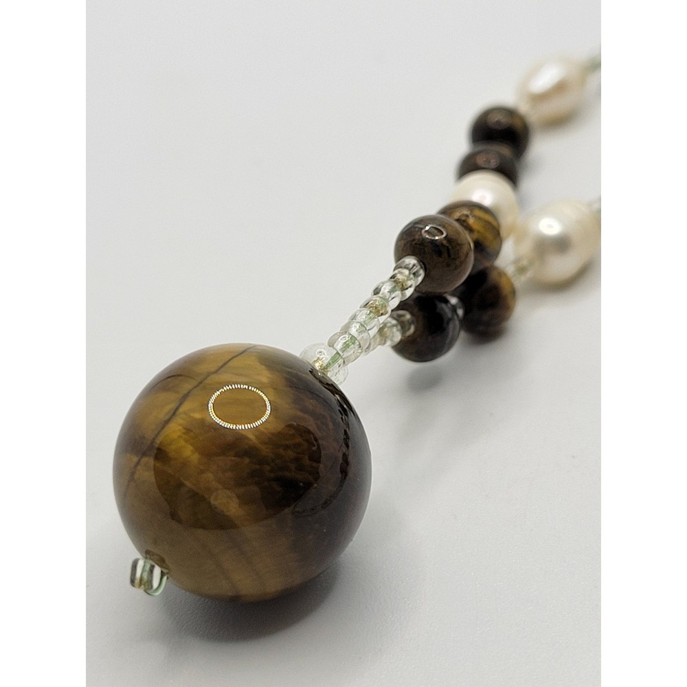 Vintage Tiger’s Eye Freshwater Pearl Necklace Sphere Ball Seed Beads Y Pendant