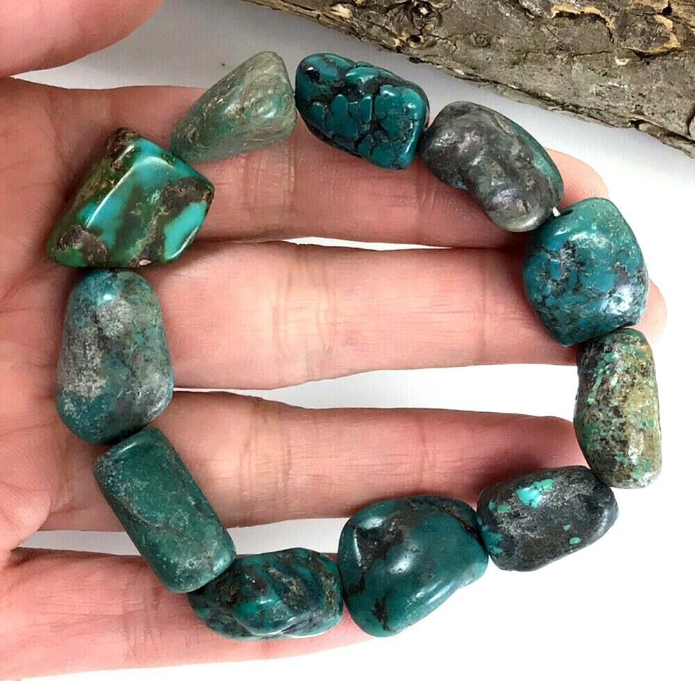Blue Turquoise Bracelet Rough Nugget Beads Stretch Women Healing Kingman 7.25″