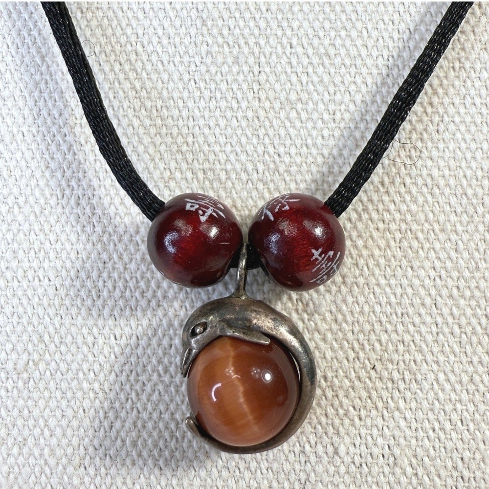Tigers Eye Stone Pendant Necklace Silver Tone Dolphin Charm Wood Beads