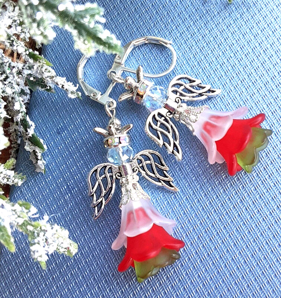 CHRISTMAS ANGEL Acrylic FLOWER Glass Pearl earring SP LEVER BACK #XAG