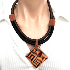 Vintage Hand Crafted Brown Silk Cord Ceramic Pottery Pendant Collar Necklace 30″