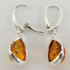 Cognac / Brown BALTIC AMBER Pear Teardrop Earrings 925 STERLING SILVER #1655e