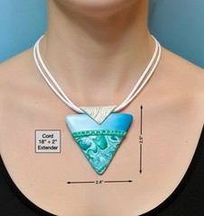 Handmade White Blue & Green Polymer Clay Large Pendant Necklace 18″ on Cord SS
