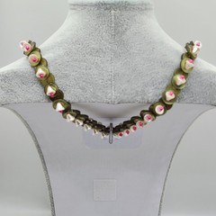 Artisan Statement Necklace White Bell Flower Olive Disc Wearable Art Long 30in