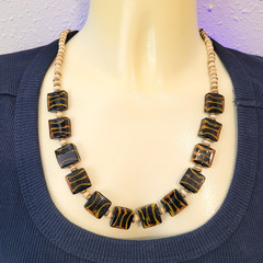 Glass Wood Bead Tiger Stripe Necklace 22″
