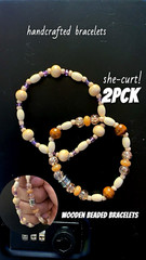 Handcrafted Beige/Purple/Orange Wood & Glass Beaded Stackable Bracelets, 2 Pack