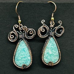 Natural Amazonite Gemstone Copper Wire Wrapped Handcrafted Earrings 45x19mm