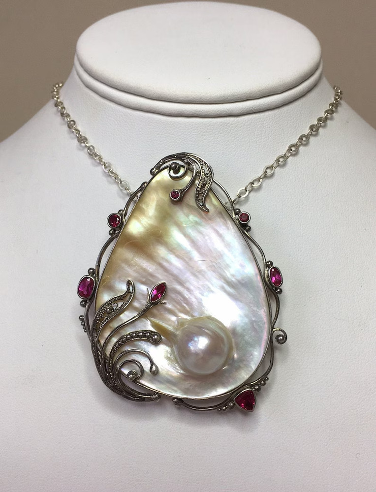 Blister Pearl, Rubies and Filigree Sterl. Silver Handmade Dramatic pin – pendant