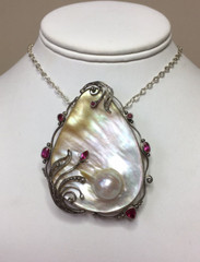 Blister Pearl, Rubies and Filigree Sterl. Silver Handmade Dramatic pin – pendant