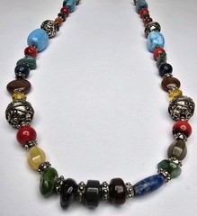 Assorted Semi Precious Stone Beaded Silver Tone Necklace 23″ Jade Coral