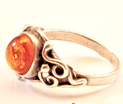Amber In Sterling Silver Ring, Genuine A grade Cognac Color Amber Round Cabochon