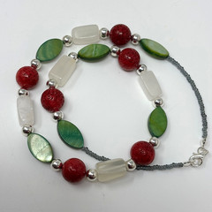 Handmade Beaded Necklace Red Coral Green MOP Shell and White Italian Onyx Beads
